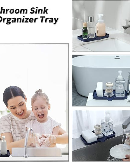 Silicone Bathroom Soap Dishes with Drain Spout-Kitchen Sink Organizer,Sponge Holder,Dish Soap Tray,Perfect for Dispenser,Scrubber,Bottle,Cup on Sink or Counter-Navy Blue 9.6"×5.3"
