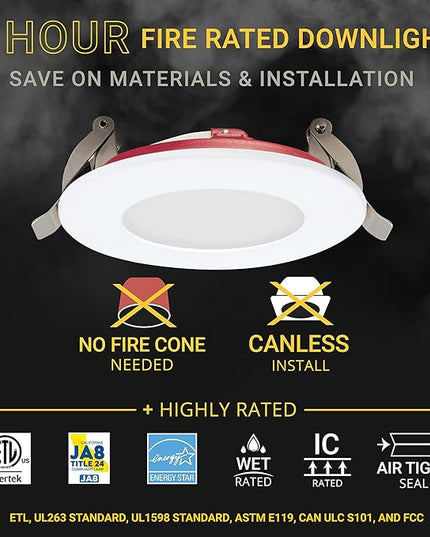 NUWATT Fire Rated 3 inch LED Recessed Lighting, Dimmable 3" LED Wafer Lights, 5CCT 2700K/3000K/3500K/4000K/5000K, CRI90 Wet & IC Rated Canless Recessed Lighting, 8W, 550LM, No Cone Needed, ETL, 6 Pack