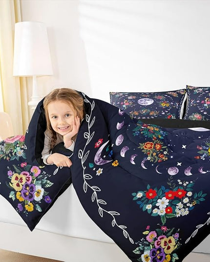 Sun and Moon Kids Comforter Set Full Size,Starry Sky Galaxy Trippy Bedding Set,Boys Girls Adults Room Decor,Flowers Boho Exotic Retro Down Comforter,Colorful Mystical Duvet Insert,2 Pillowcases