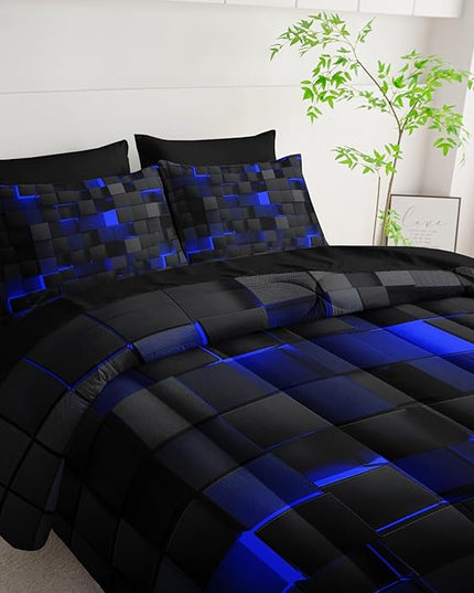 Geometric Blue Black King Comforter Set,Light Honeycomb Bedding Set 7 Piece in A Bag,Bed Sheet Set Geometry Decor,Microfiber Lightweight All Season