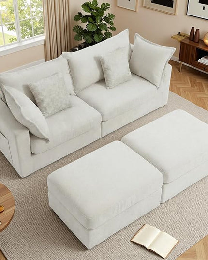83" Down Filled Sectional Couch, Loveseat Modular Sectional Sofa with 2 Storage Ottoman, 2-Seat Chenille Deep Seat Sofa with Pillows for Living Room, Bedroom, Flexible Combination, Beige