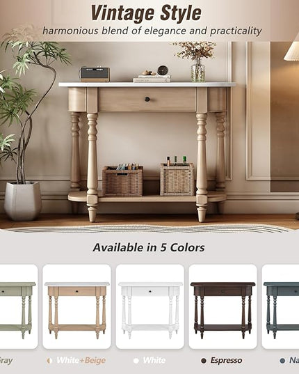 HMFULE Retro Curved Console Table, 36" Solid Wood Half Moon Console Table Sofa Table Entryway Table with 1 Drawer 1 Open Shelf Roman Legs Curved Corners for Living Room,Entryway,Hallway,White+Beige