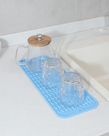 Silicone Dish Drying Mat for Multiple Usage,Easy clean,Eco-friendly,Heat-resistant Silicone Mat for Kitchen Counter,Sink,Bar,Bottle,or Cup Light Blue M 17 inches x 6 inches