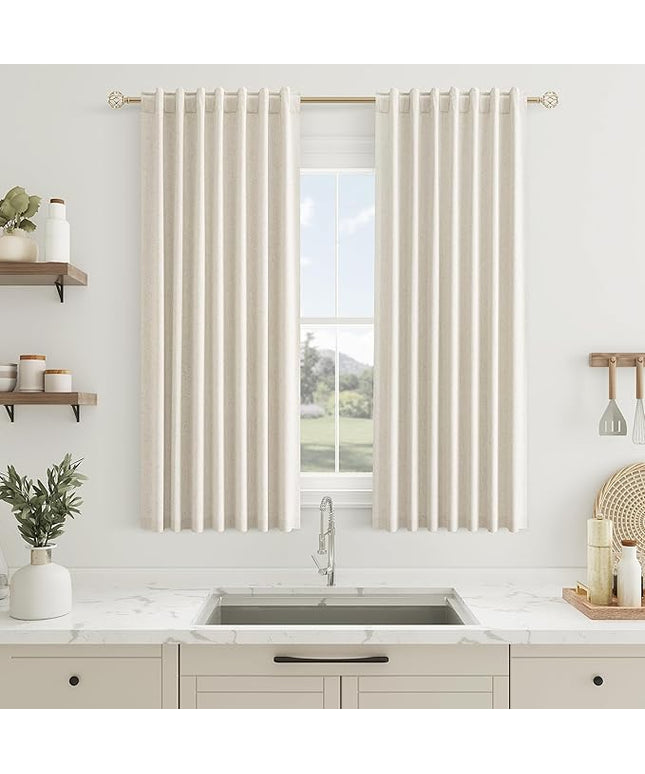 Guken Beige Linen Blackout Curtains 54 Inch Length 2 Panels Set for Living Room Bedroom Back Tab Thermal Insulated 100% Black Out Linen Drapes Room Darkening Window Curtains 54 Inches Long
