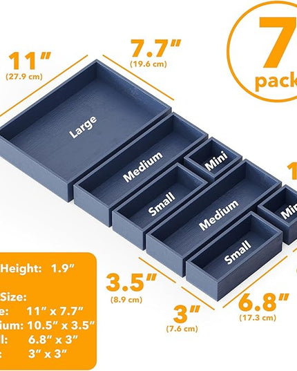 SpaceAid 7-Piece Bamboo Drawer Organizer Storage Boxes Set, Wood Tray Junk Drawer Organizers Multi-Use Divider Bins for Kitchen, Bathroom, Office Desk and Makeup Organization (7 Pack, Navy Blue)