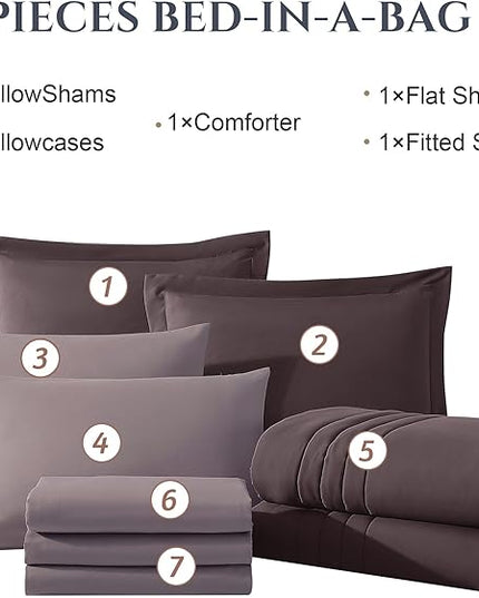 Monbix Queen Comforter Set - 7 Pieces ltalian Plum Bed in a Bag Queen Bedding Sets with Comforters, All Seasons Down Alternative Comforter Bed Set with Sheets,Pillowcases & Shams