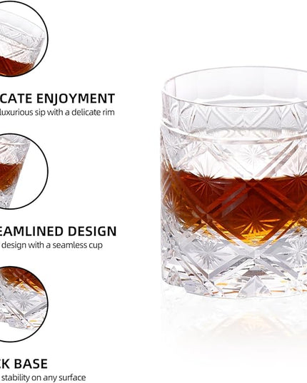 KAMMAK Old Fashioned Crystal Whiskey Glasses Set of 2, 8.45 oz (250 ml) Handmade Thick Base Tumbler with Delicate Rim & Seamless Design for Scotch, Bourbon, Cocktails, Lead-Free Barware