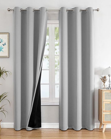 ChrisDowa 100% Blackout Curtains for Bedroom with Black Liner, 2 Thick Layers Total Blackout Thermal Insulated Grommet Window Curtains 84 Inch Long 2 Panels Set (Light Grey, 42 x 84 Inch)