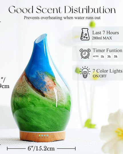Porseme 280ml Essential Oil Diffuser Glass Color Changing Aroma Air Diffusers Aromatherapy Ultrasonic Cool Mist Humidifier 7 Running Hours Waterless Auto-Off for Sleeping, Yoga, Office (Blue Grass)