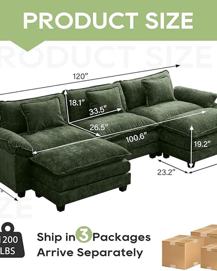 120" Modular Sectional Sofa, Comfy Cloud Couch Sectional Sofa with Ottoman, Chenille Sofa Sleeper Deep Seat Sofa with Throw Pillows for Living Room (Green, 120"- U Shape)