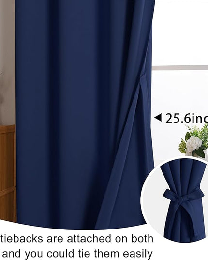 JIUZHEN Navy Blue Blackout Curtains with Tiebacks Thermal Insulated, Light Blocking and Noise Reducing Grommet Curtains for Bedroom and Living Room, Set of 2 Window Curtain Panels, 60 x 84 Inch Length