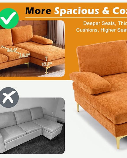 VINGLI 110" Sectional Couches for Living Room,U Shape Couch with Double Chaise, 4-Seat Sofa Set with Chenille Fabric for Home Furniture,Burnt Orange