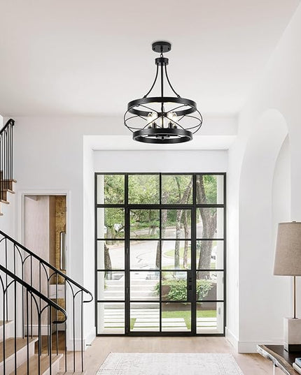 5-Light Farmhouse Chandelier, 17.72" Rustic Drum Dining Room Light Fixture, Black Chandeliers Hanging Pendant Lighting, Industrial Candle Chandeliers for Living Room Kitchen Entryway Bedroom