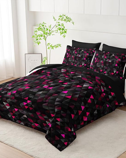Geometric Pink Black Triangle Queen Size Comforter Set,Light Honeycomb Bedding Set 7 Piece in A Bag,Bed Sheet Set Geometry Decor,Microfiber Lightweight All Season