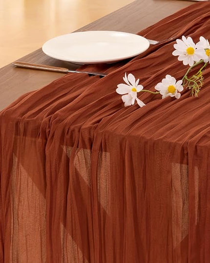 Socomi Terracotta Christmas Fall Cheesecloth Table Runner Boho Rustic Farmhouse Gauze 120 inch 10FT Cheese Cloth Runner for Wedding Party Baby Shower Birthday Home Decor Holiday Decorations