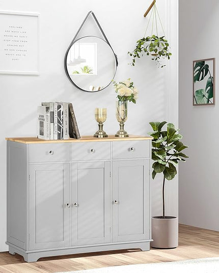 HOMCOM Sideboard with Solid Wood Countertop, Modern Kitchen Storage Cabinet, Coffee Bar Cabinet with 3 Drawers, Doors and Adjustable Shelf, Gray