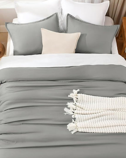 Litanika Comforters Medium Gray Queen Size, 3 Pieces Lightweight Solid Bedding Set & Collections, All Season Fluffy Bed Set (90x90In Comforter & 2 Pillowcases)