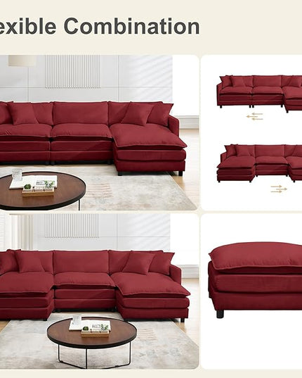 Modular Sectional Sofa,108.27'' Modern Corduroy Sofa Set for Living Room with 3 Seat & 2 Ottoman & 3 Pillows, Comfy Cloud Couches with Movable Ottoman, DIY Combination, Chenille (Wine red, U Shaped)