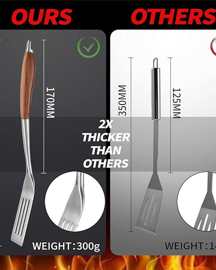 Heavy-Duty Rose Wooden BBQ Grilling Tools Set. Extra Thick Stainless Steel Multi-Function Spatula, Fork & Tongs | Essential Accessories for Barbecue & Grill. Ideal Gift for Father…