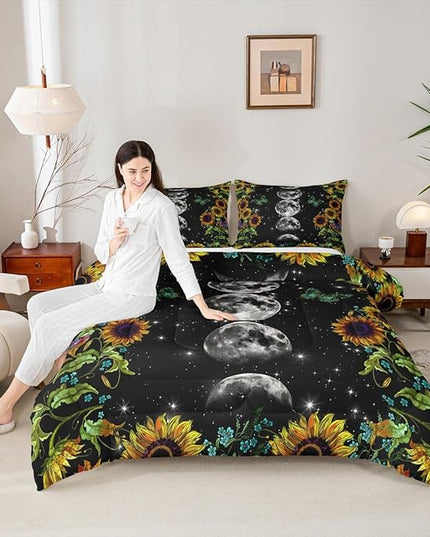 Manfei Sunflower Comforter Set, Moon Planet Starry Sky Galaxy Universe Bedding Set 3pcs for Kids Teens Adult Room Decor,Floral Trippy Quilt Set Soft Black Duvet Insert with 2 Pillowcases, Full Size