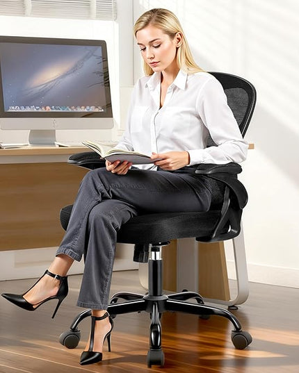 Office Chair, Ergonomic Mesh Desk Chair with Adjustable Lumbar Support & Flip-Up Armrest, Mid Back Computer Chair, Swivel Task Rolling Chair for Home and Office (Black)