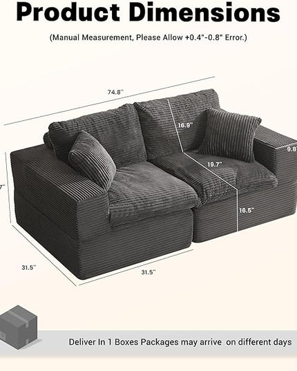 74.8” Cloud Couch, Modular Loveseat Sofa, Convertible Sofas Bed, Deep Seat Sofa, Cozy Sofa for Living Room, Office and Bedroom, Corduroy, Gray