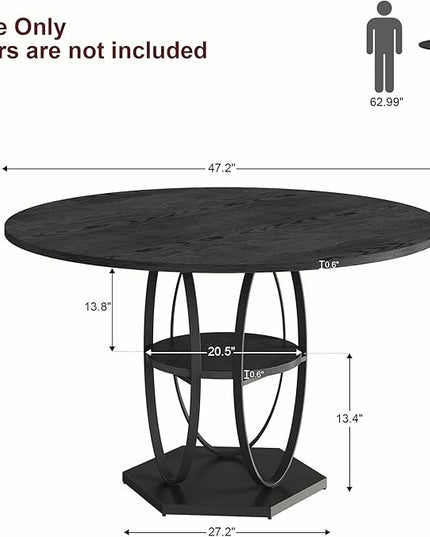 Round Dining Table for 4, 3-Tier Dinner Room Tables with Storage Shelf, Space Saving Small Kitchen Table, Farmhouse Dinner Table with Wooden Tabletop and Hexagonal Base (Black, 47inch)