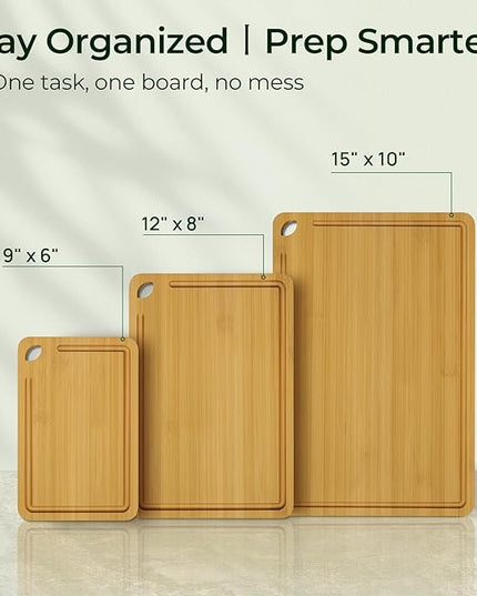 Wood Cutting Board for Kitchen - Reversible Bamboo Cutting Boards Gift Set of 3 with Juice Groove, Wooden Chopping Board for Meat, Fruit, Vegetables & Cheese (Pre Oiled, Natural)