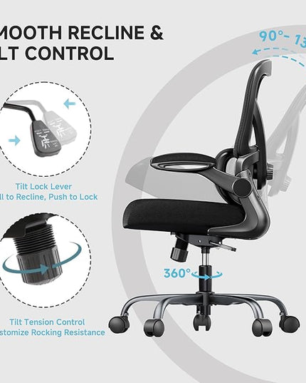 Office Chair with Adjustable Lumbar Support, Home Office Desk Chair with Flip-up Armrests, 330 lbs Mesh Computer Chair for Long Day Use, Black