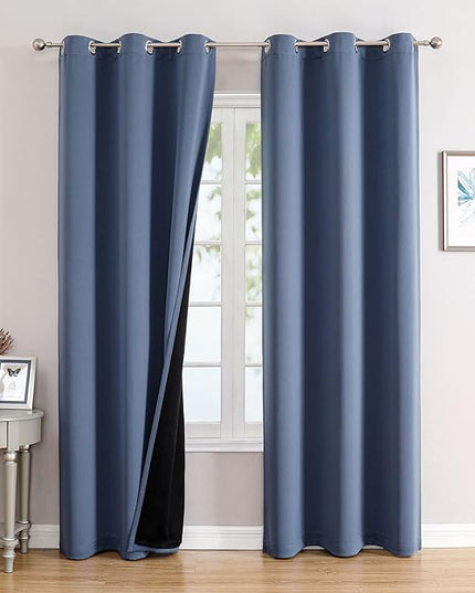 ChrisDowa 100% Blackout Curtains 84 inch Long for Bedroom with Black Liner, 2 Thick Layers Total Blackout Thermal Insulated Grommet Window Curtains 2 Panels Set (Stone Blue, 38 x 84 Inch)