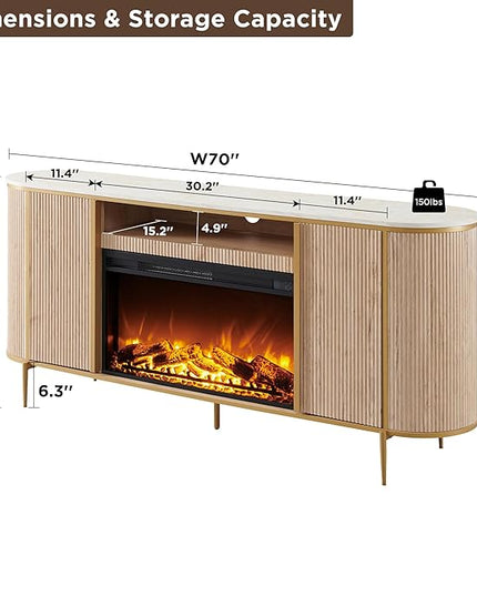 OKD Luxury 70" Fluted Fireplace TV Stand, Modern Chic Entertainment Center for TVs Up to 80 inches, TV Console with Faux Marble Top, Curved Profile Design, Media Console for Living Room, Natural Oak