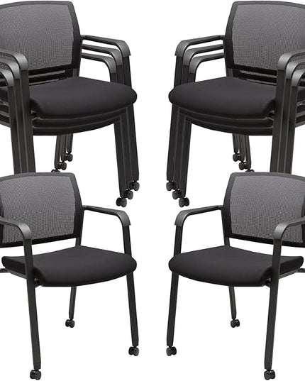 CLATINA Mesh Back Guest Reception Arm Chairs with Wheels, Waiting Room Chairs with Upholstered Fabric Seat and Ergonomic Lumbar Support for Office, 8PK