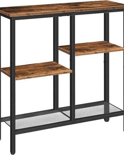 HOOBRO Narrow Console Table, Sofa Table, 4-Tier Industrial Entryway Table with Metal Mesh Shelf, Hallway Table with Adjustable Feet, for Entryway, Living Room, Hallway, Rustic Brown and Black BF79XG01