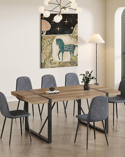 Dining Table Set for 6，Dinner Table Set for 6，71'' Kitchen Table and Suede Nap Fabic Chairs Set of 6，6 Chair Dining Table Set for Kitchen Dining Room