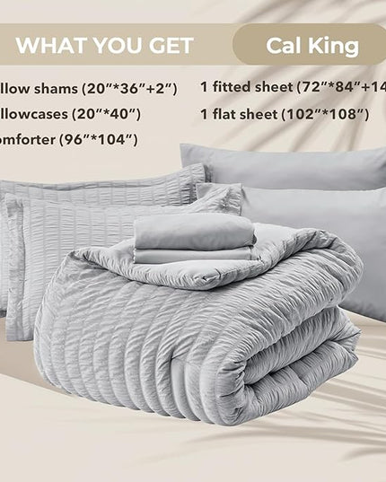 HYMOKEGE Light Grey California King Comforter Set Seersucker 7 Pieces, All Season Luxury Bed in a Bag for Bedroom, Bedding Set with Comforters, Sheets, Pillowcases & Shams