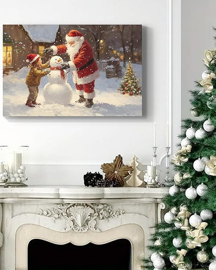 YONICA Christmas Wall Decor Santa Canvas Wall Art Home Decorations 24x18 Inches - Santa Pictures Santa Claus and Children Building a Snowman Christmas Pine Tree Prints Winter Painting Xmas Artworks