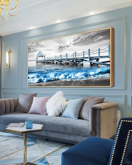 Wapluam Large Framed Canvas Wall Art For Living Room, Office, Bedroom - Black And White Beach, Blue Ocean Sea Wave Wall Pictures - 30" x 60"
