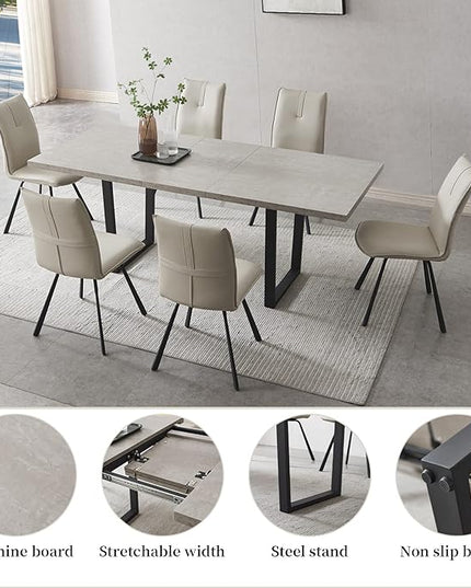 ZckyCine Modern Mid-Century Extendable Dining Table Set for 6-8 People | Expandable 51"-67" Wood Kitchen Table + 6 Upholstered Chairs | Stylish & Space-Saving Dining Room Furniture