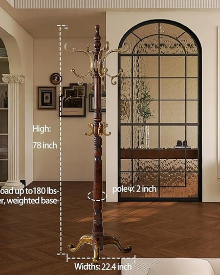 Wooden Coat Racks, Retro 78" Coat Tree with 12 Hooks & Stable Triangular Base, Entryway Coat Rack Freestanding for Hat, Clothes, Scarves, Handbags, Umbrella (Vintage)