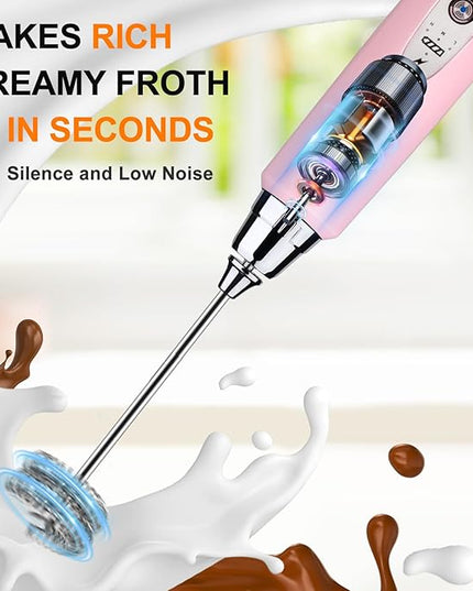 YUSWKO Pink Handheld Milk Frother Wand with Stand for Coffee, Rechargeable Electric Whisk with 3 Heads 3 Speeds Drink Mixer Coffee Frother For Latte, Cappuccino, Hot Chocolate, Egg