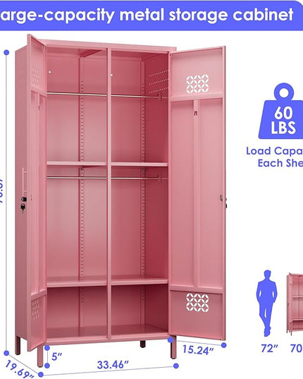 Aobabo Metal Wardrobe Cabinets with Lock, 2 Door Metal Closet wtih 4 Adjustable Shelves and 2 Hannging Rod, Lockable Locker Cabinet, Storage Locker for Home, Office,Pink, Assembly Required