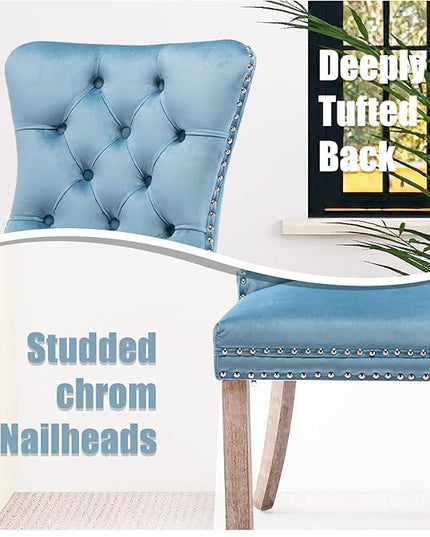 SoarFlash Velvet Dining Chairs Set of 6, Tall Back Side Chair, Modern Upholstered High-end Tufted Side Chair with Button Back Ring, Solid Wood Legs (Sky-Blue)