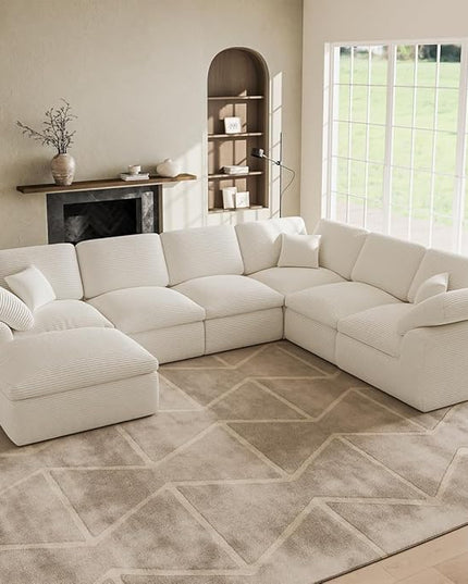 Oversized Cloud Couch Sectional Sofa, 7 Seater Modular Sectional Couches with Movable Ottoman, Convertible Corduroy Couch Boneless Comfy Sofa for Living Room, No-Assembly, Cream