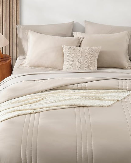 Monbix Full Size Comforter Set - 7 Pieces Beige Bed in a Bag Full Size Bedding Sets with Comforters, All Seasons Comforter with Sheets,Pillowcases & Shams