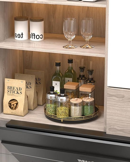 12" Oak Wood Lazy Susan Organizer, Lazy Susan for Cabinet Dining Table Pantry Wood Turntable Organizer Tray for Coffee Table Kitchen Countertop Spinning Spice Can Organization and Storage Round Gold