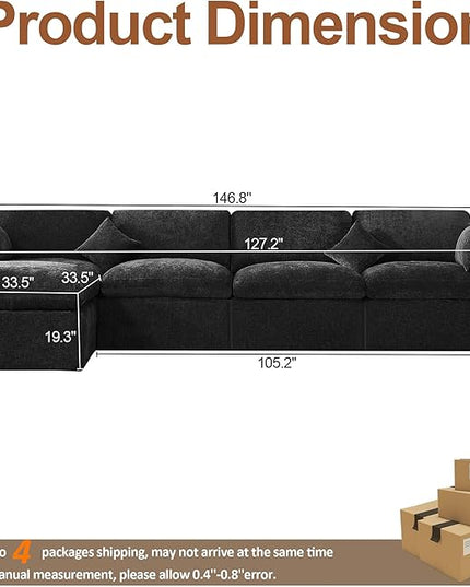 155''Cloud Boneless Sectional Couch, Modular Sectional Sofa Deep Seat with Ottoman, Oversized Upholstered Convertible Comfy 5 Seater Chenille Sofa L Shape Couches for Living Room, Dark