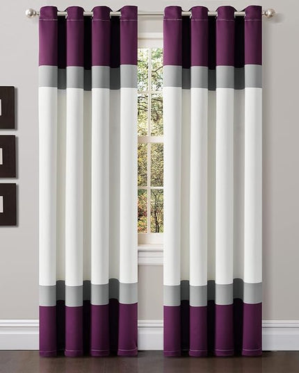 Lush Decor Alexander Color Block Light Filtering Window Curtain Panel Pair, 52"W x 84"L, Purple & Gray