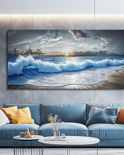 PHAOHUAXM Large Canvas Wall Decor For Living Room Wall Art For Bedroom Office Dining room Decor Modern Black White And Blue Ocean Wave Painting Printed Artworks Wall Pictures Home Decor 24"X48"