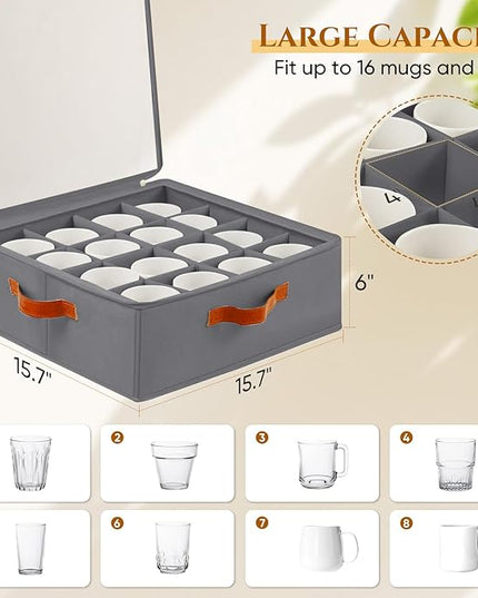 2 Pack Coffee Mug Storage Box with Dividers, Stackable China Storage Containers with Lid, Zipper, and Handles for 32 Mugs and Cups, Mug Storage Organizer for Packing & Moving, Gray