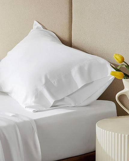 Bedsure Cooling Sheets Twin, Rayon Derived from Bamboo, Cooling Sheets, Breathable & Soft, Deep Pocket Up to 16 Inches, Hotel Luxury Silky Bedding for Hot Sleepers, White